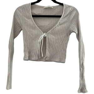 American Threads Light White Ribbed Tie-Front Blouse